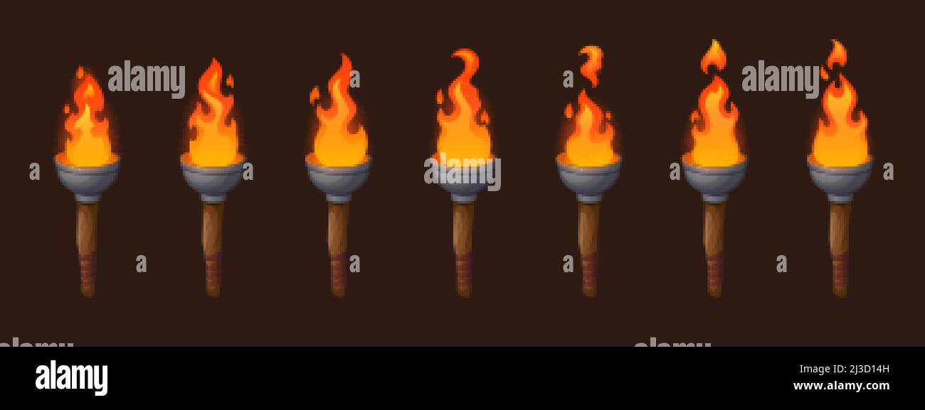 Set of medieval sprite torches with burning fire sequence animation. Ancient wooden brands with flame. Cartoon elements for pc game, flaming torchligh Stock Vector