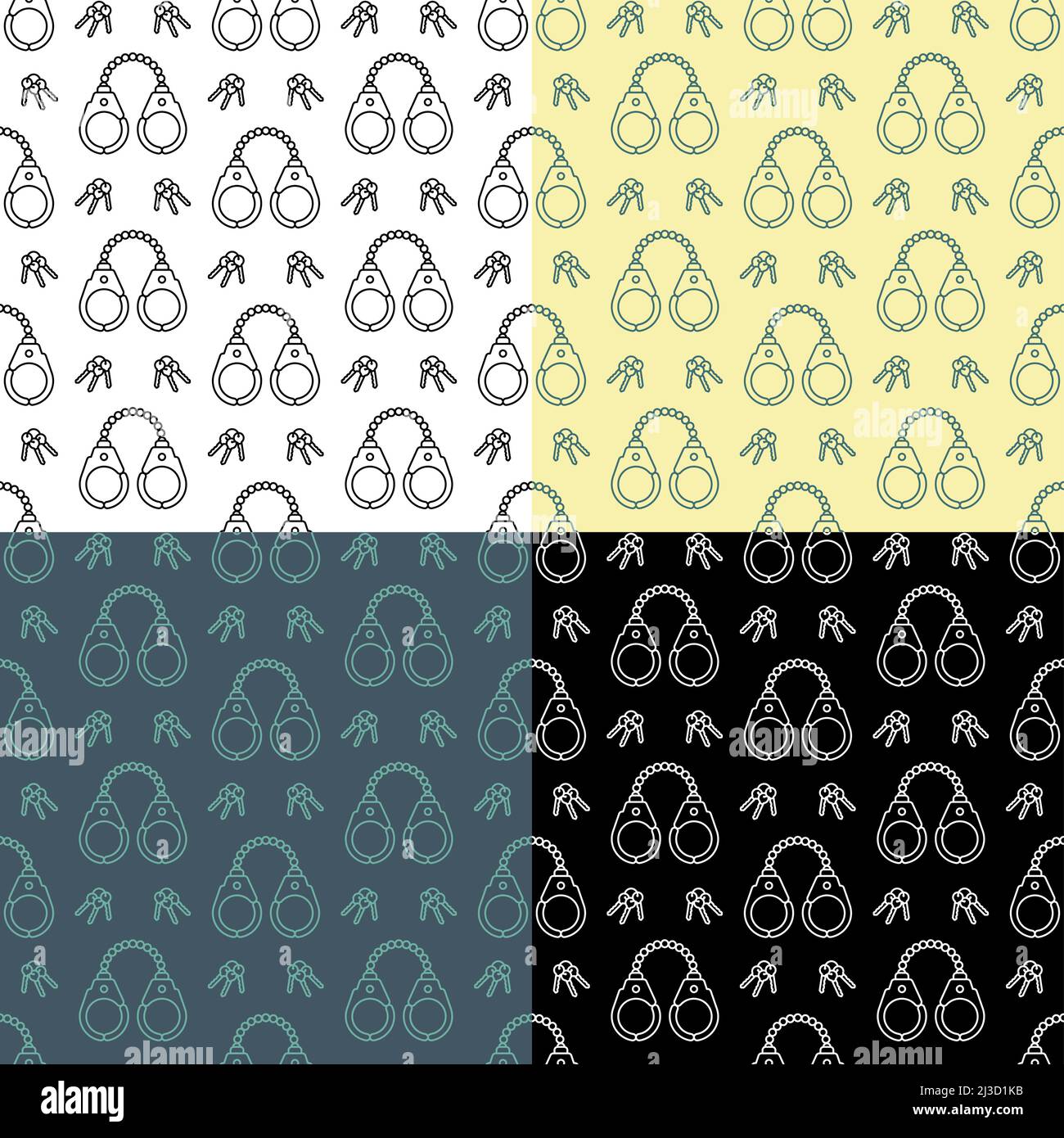 set of seamless patterns with metal handcuffs to neutralize criminals. Outfit and equipment of police. Ornament for decoration and printing on fabric. Stock Vector