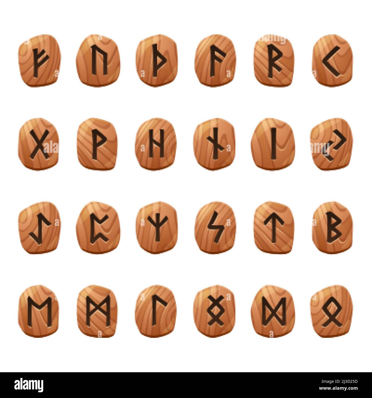 Set of game runes, nordic ancient alphabet, viking celtic futark symbols engraved on wooden pieces. Esoteric occult signs, mystic ui or gui design ele Stock Vector