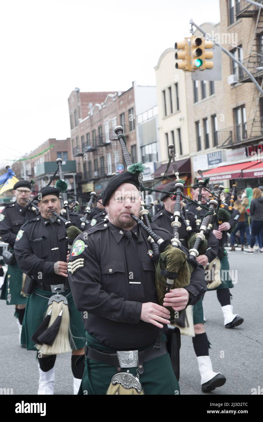 NYPD Pipes And Drums march in the Saint Patrick's Day Parade up 3rd