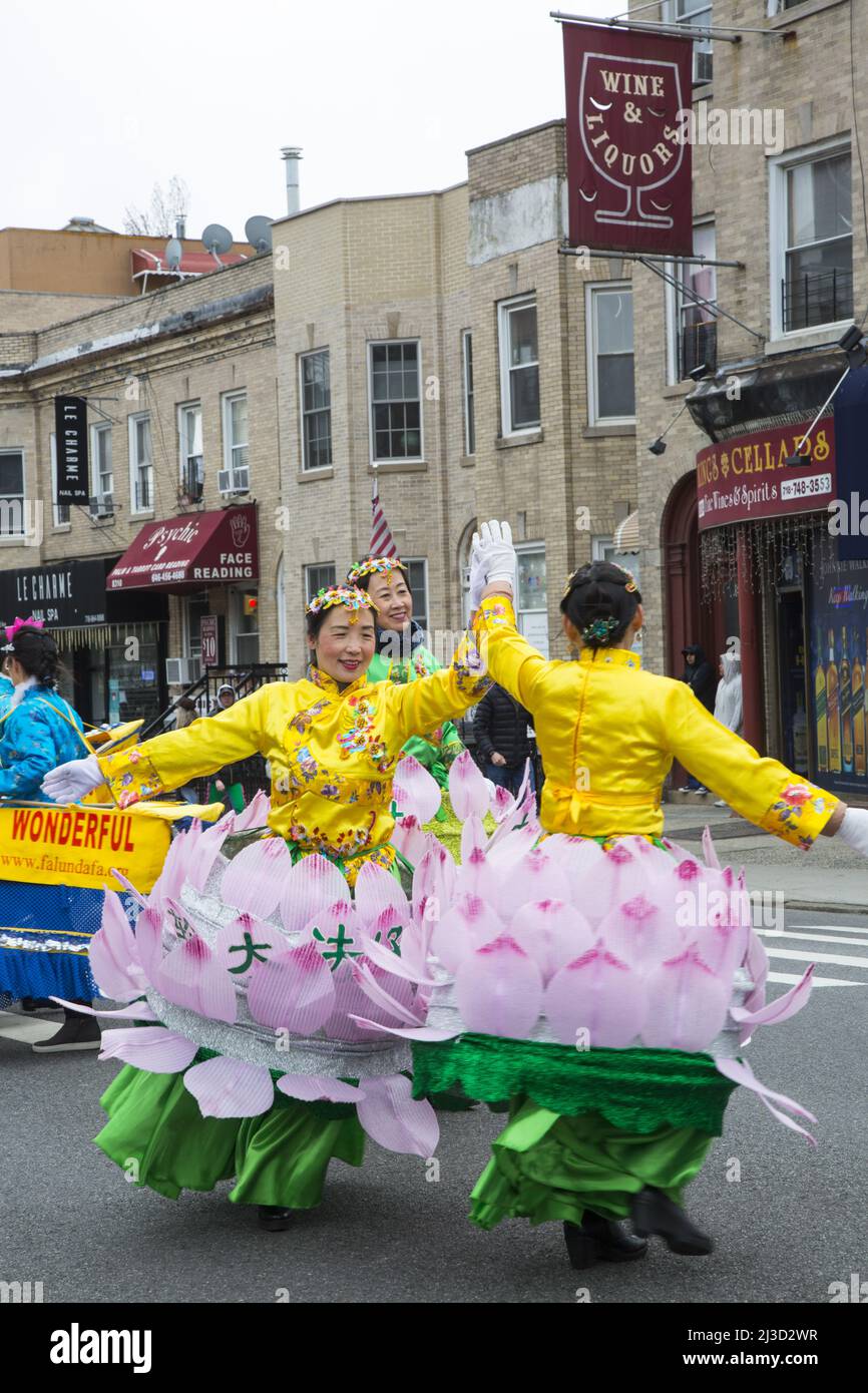 Falun Dafa group marches in the Saint Patrick's Day Parade in Bay Ridge Brooklyn not far from the local Chinese community in the area.    Falun Gong, (Chinese: “Discipline of the Dharma Wheel”) also spelled Falungong, also called Falun Dafa, controversial Chinese spiritual movement founded by Li Hongzhi in 1992. The movement’s sudden prominence in the late 1990s became a concern to the Chinese government, which branded it a “heretical cult.” It is actually a peace loving buddhist spiritual movement. Stock Photo