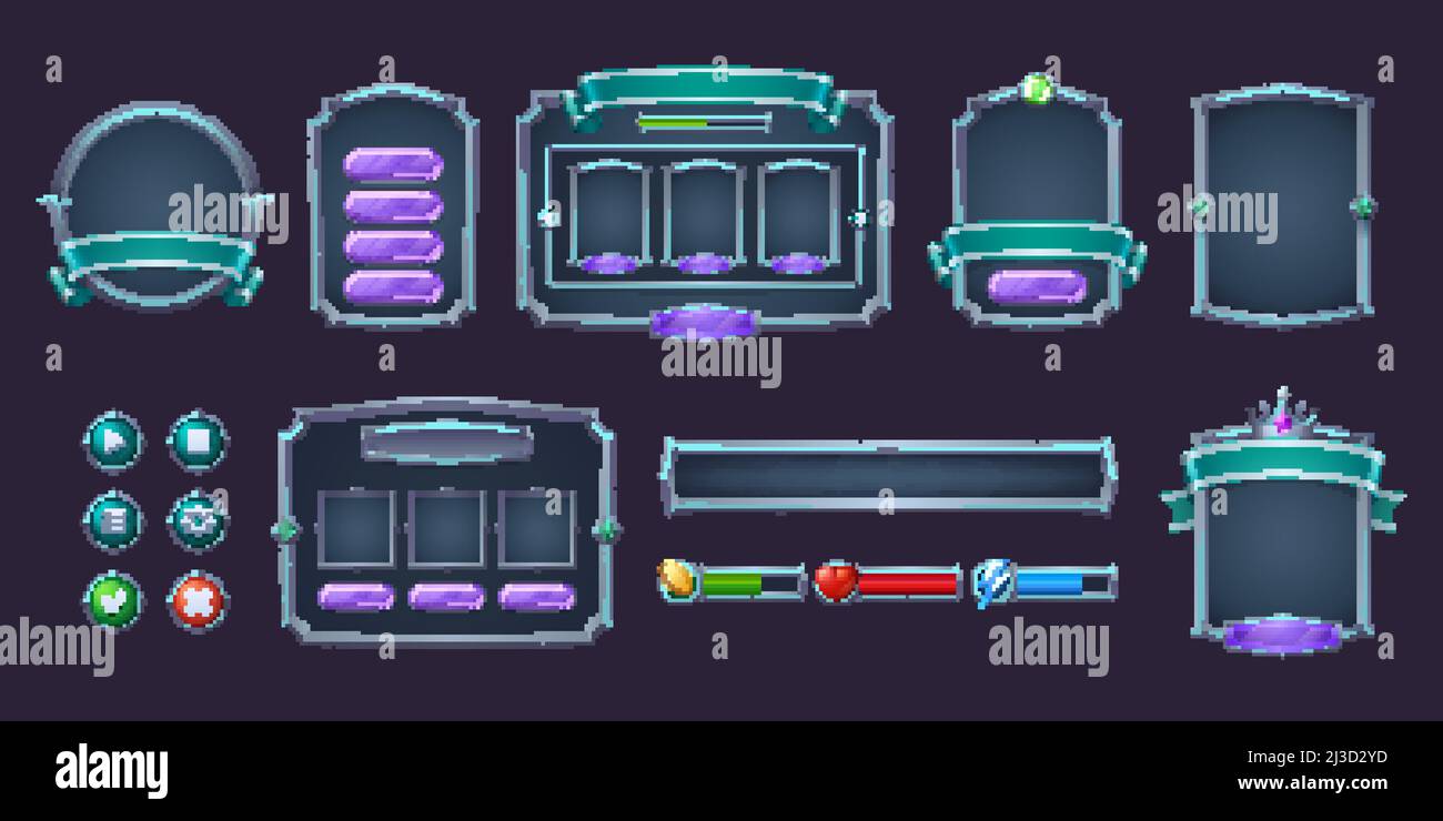 Game buttons and frames with metal border. Design elements and assets ...