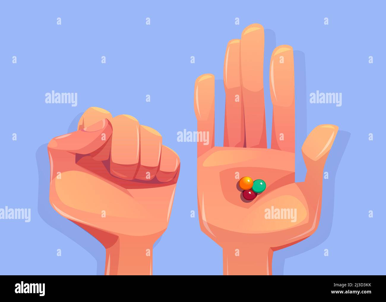 Guess which hand game with closed and open human palms and colorful candies or chewing gum top