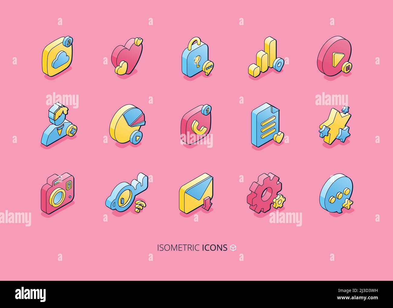 Isometric icons for social media. Network, internet marketing and communication concept. Vector set of phone, email, star, heart, user and message sym Stock Vector