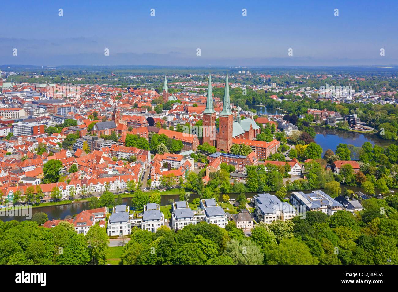 Aerial view over the Lübeck Cathedral / Dom zu Lübeck / Lübecker Dom and old town of the Hanseatic City of Lübeck, Schleswig-Holstein, Germany Stock Photo