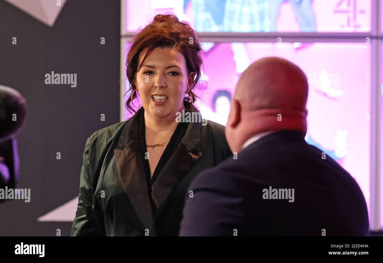 Writer Lisa McGee speaks to the media ahead of the premiere for the third series of Channel 4's Derry Girls at the Omniplex Cinema in Londonderry. Picture date: Thursday April 7, 2022. Stock Photo