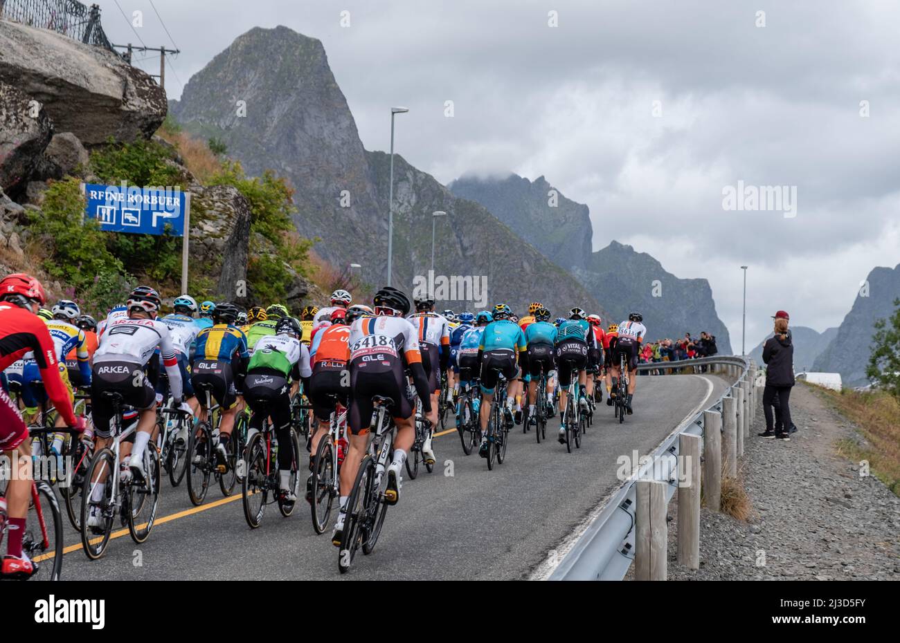 Group of cyclists at the Arctic race of Norway cycling race at Reine, Lofoten Stock Photo