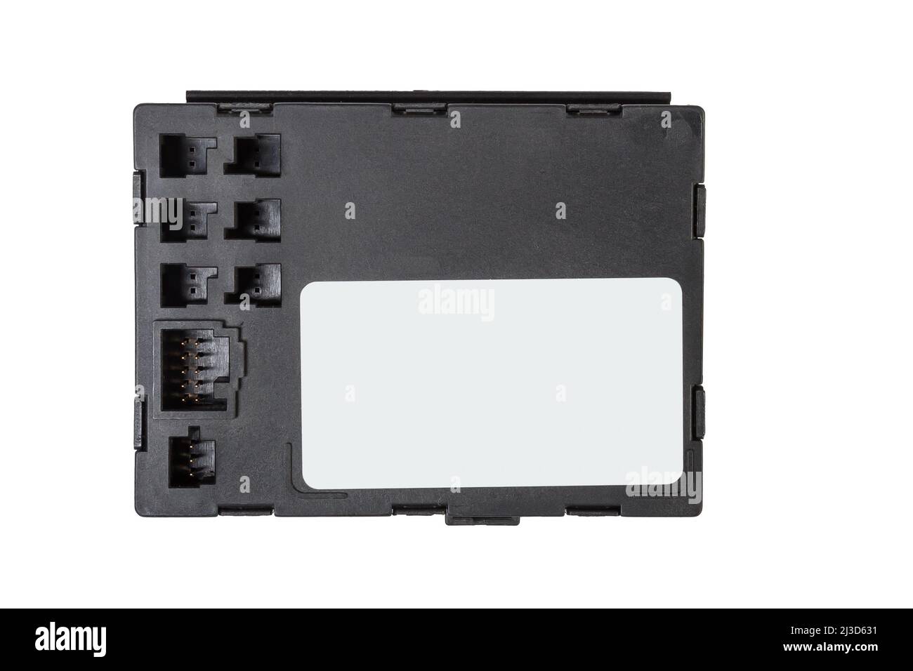 A plastic car engine control unit with metal elements on a white