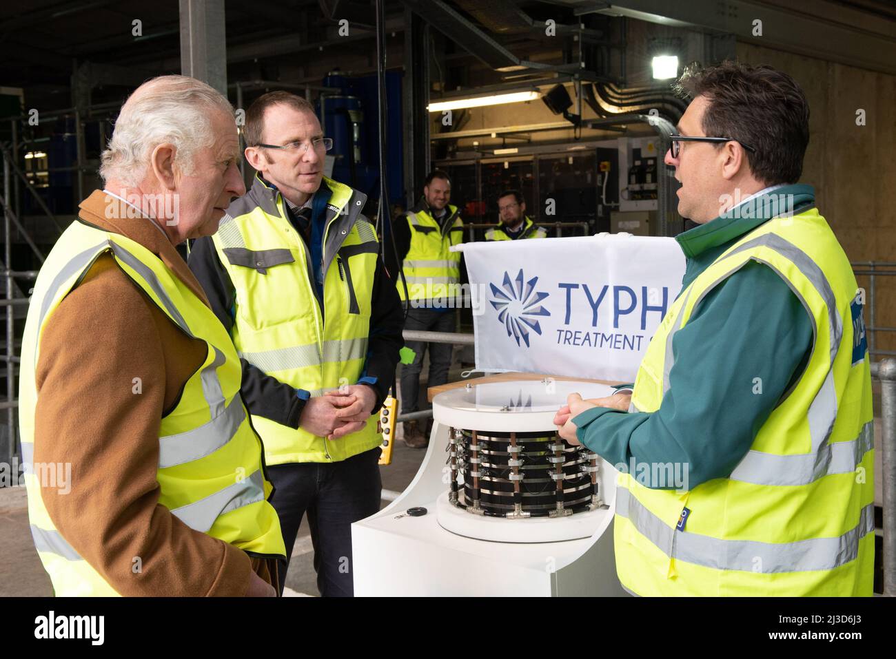 HRH Prince of Wales on his visit to the United Utilities water treatment works in Carlisle 6th April, 2022. On site the Prince of Wales saw the worlds first ever municipal LED disinfection system developed by Typhon Treatment Systems Ltd. in operation. The Prince met with employees from United Utilities and Typhon and discussed how the award winning system  could help address safe access to water globally. Stock Photo