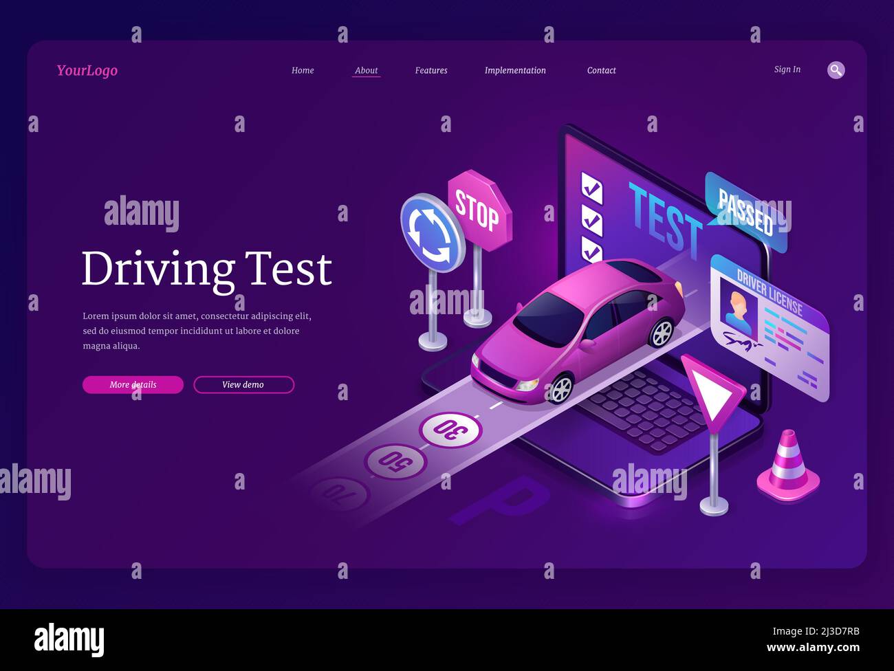Driving test banner. Education in driver school, online quiz and pass exam. Vector landing page