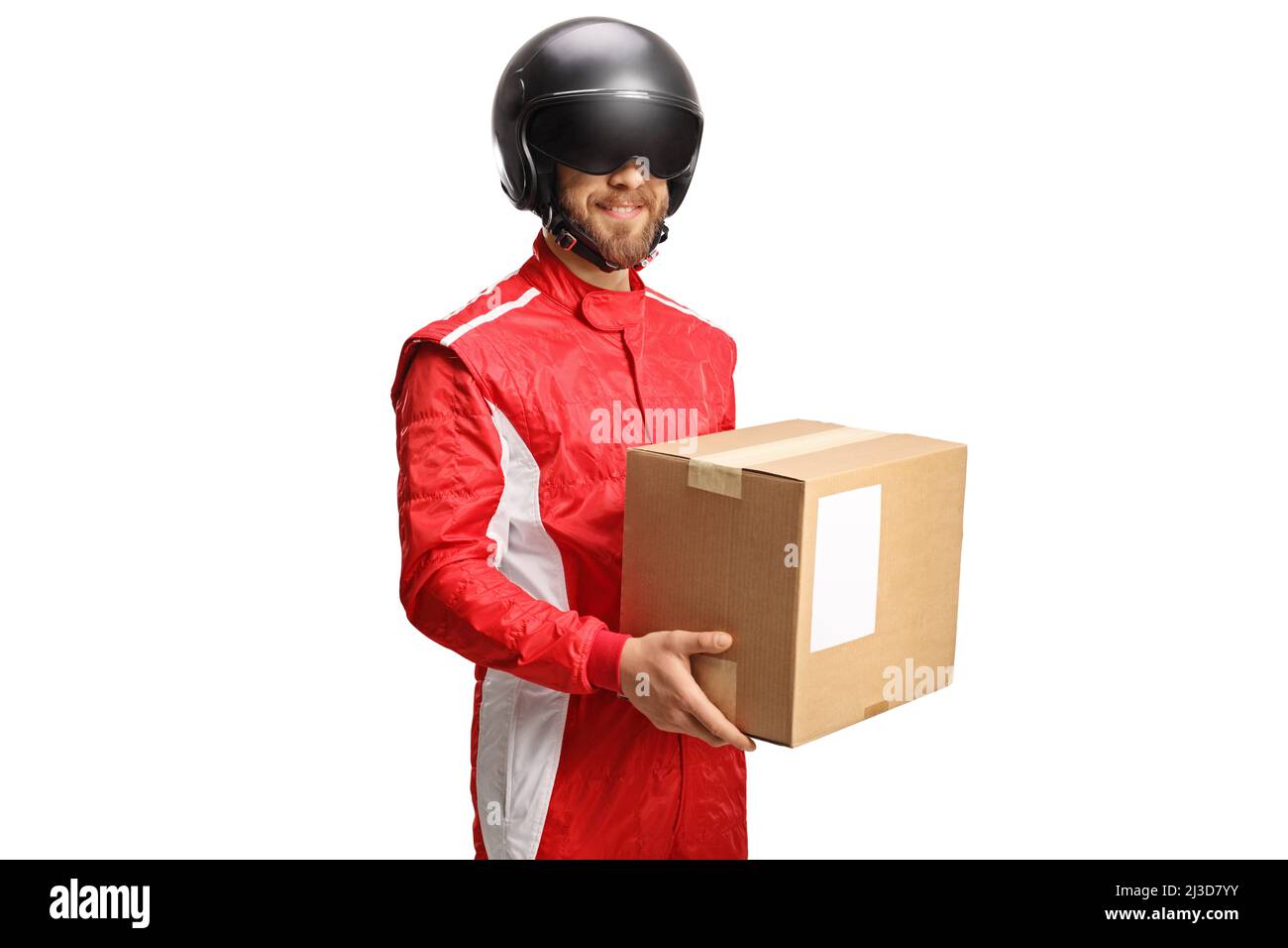 Man in a racing suit and helmet holding a cardboard box isolated on ...