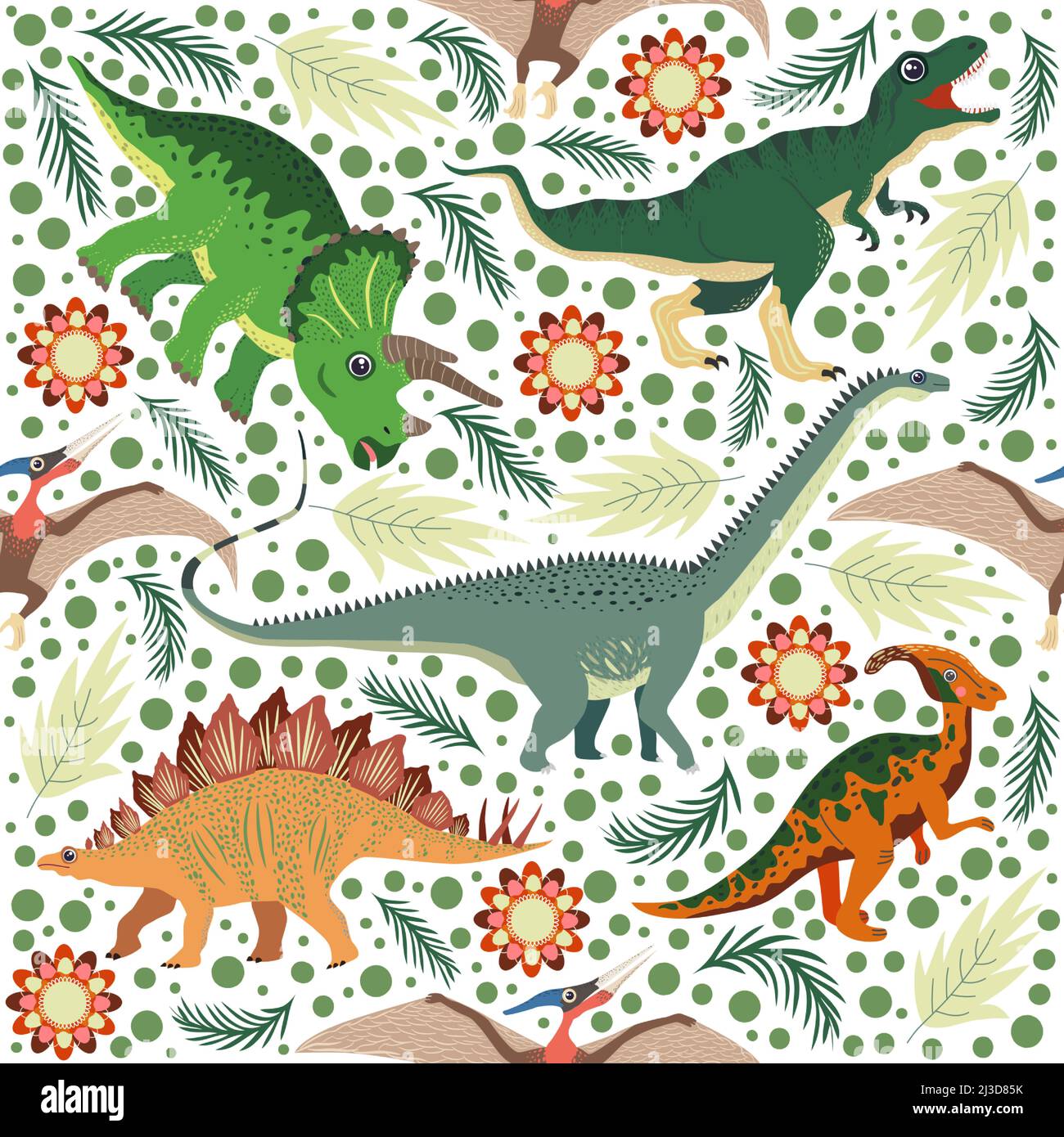 Hand drawn seamless pattern with dinosaurs and tropical leaves and ...