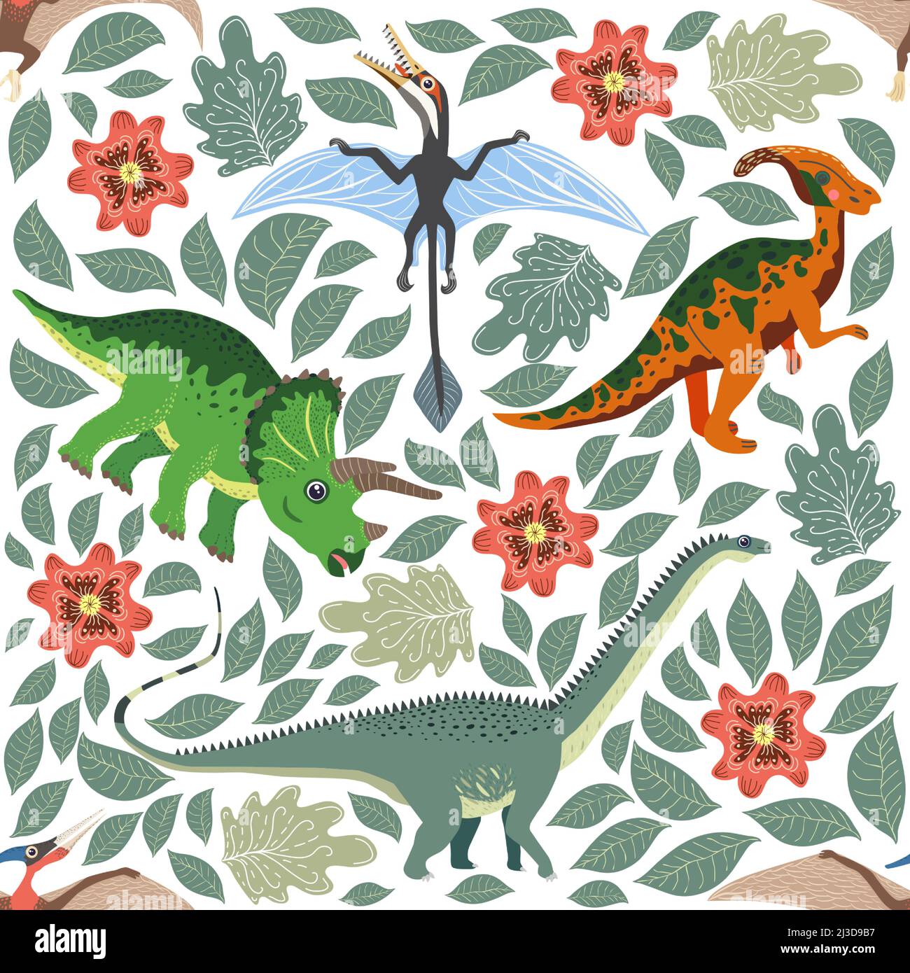 Hand drawn seamless pattern with dinosaurs and tropical leaves and ...