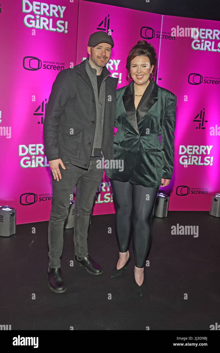 Director Michael Lennox and writer Lisa McGee arriving at the premiere for the third series of Channel 4's Derry Girls at the Omniplex Cinema in Londonderry. Picture date: Thursday April 7, 2022. Stock Photo