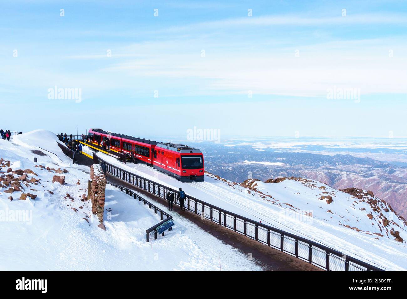 Pikes Peak Cog Railway in Winter with Snow, Pikes Peak, Colorado Springs, Colorado Stock Photo