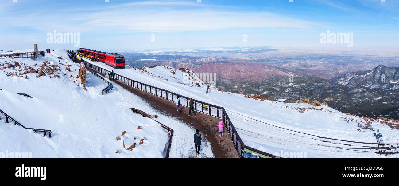 Panorama of Pikes Peak Cog Railway in Winter with Snow, Pikes Peak, Colorado Springs, Colorado Stock Photo