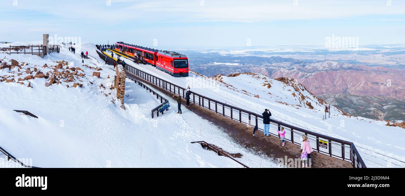 Pikes Peak Cog Railway in Winter with Snow, Pikes Peak, Colorado Springs, Colorado Stock Photo