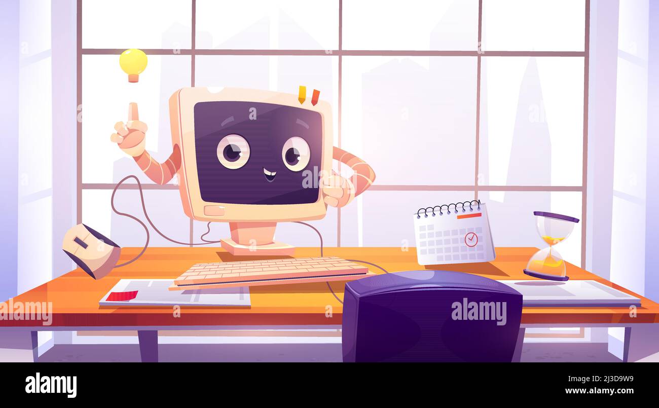 Computer character at office desk, cute pc desktop with smiling face ...