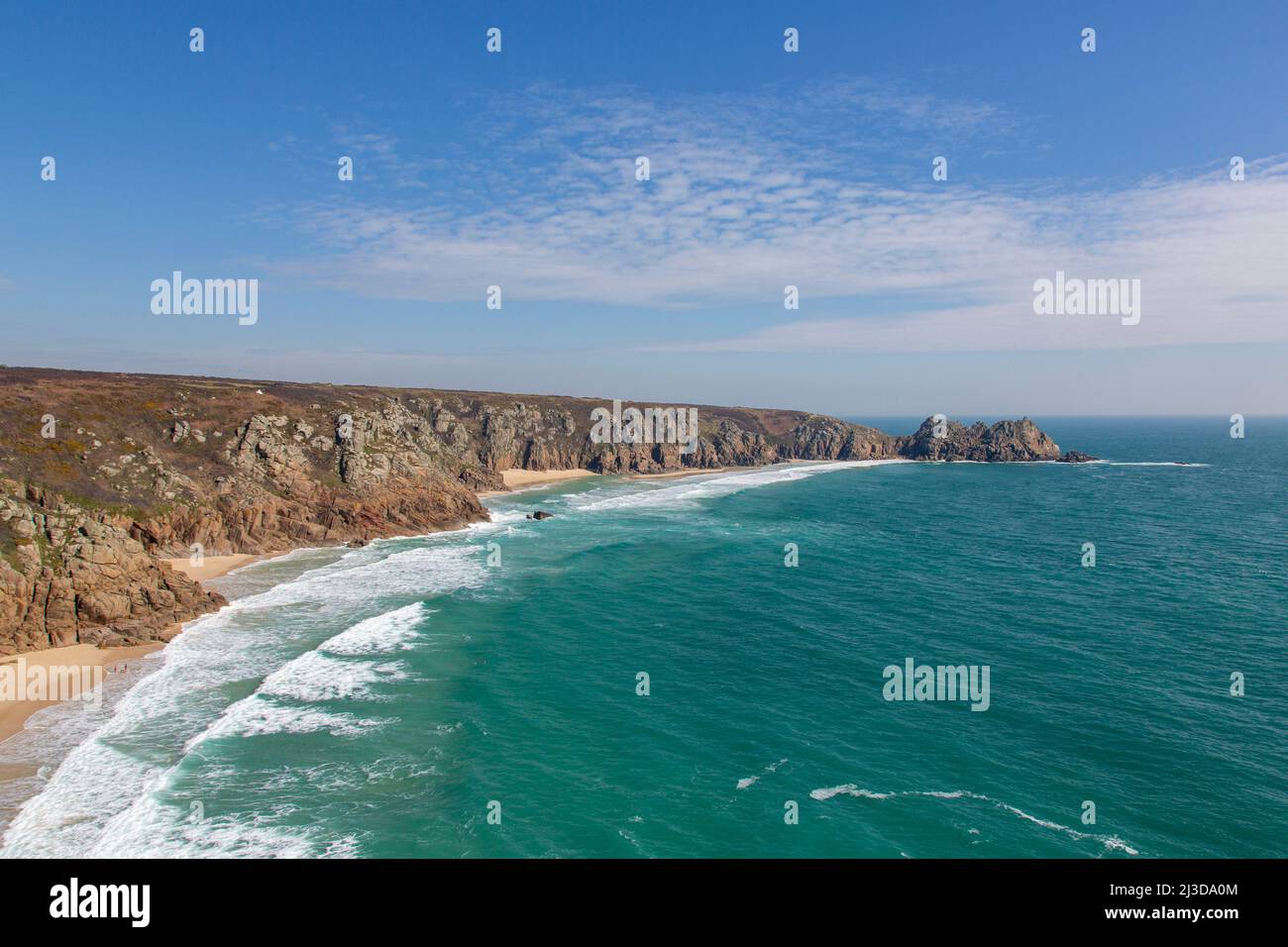 Porthcurno beach from the Mynack theatre, west Cornwall, UK Stock Photo