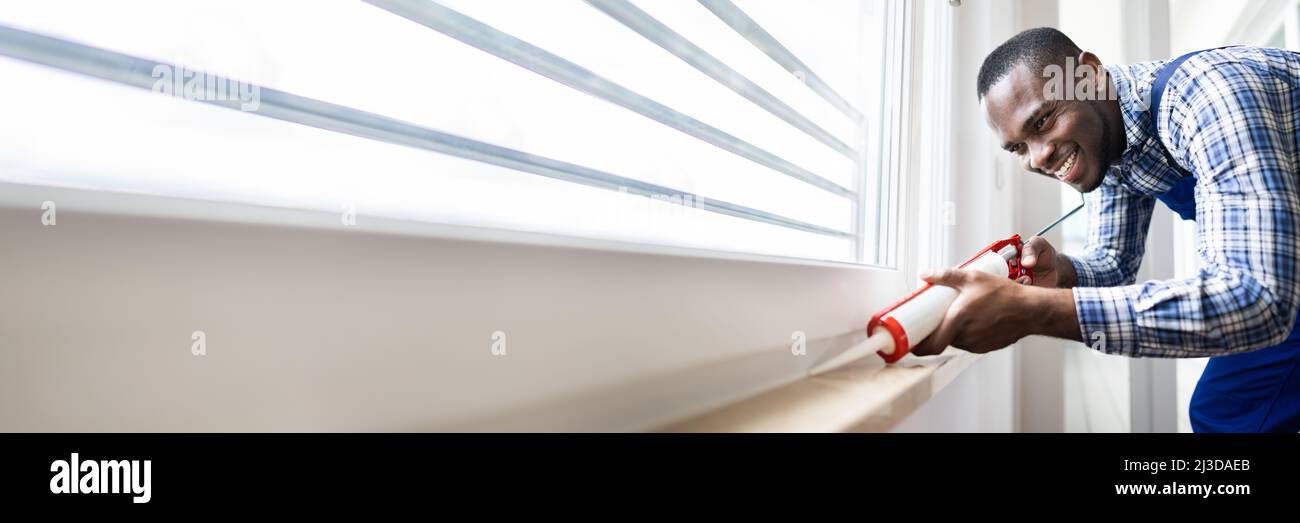 Caulk Sealant Application. Silicone Window Seal And Waterproofing Stock