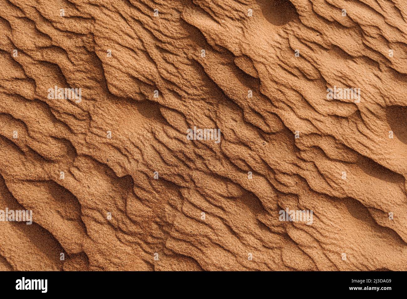 Texture of the sand in the desert. Wavy sand background. Top view. Stock Photo