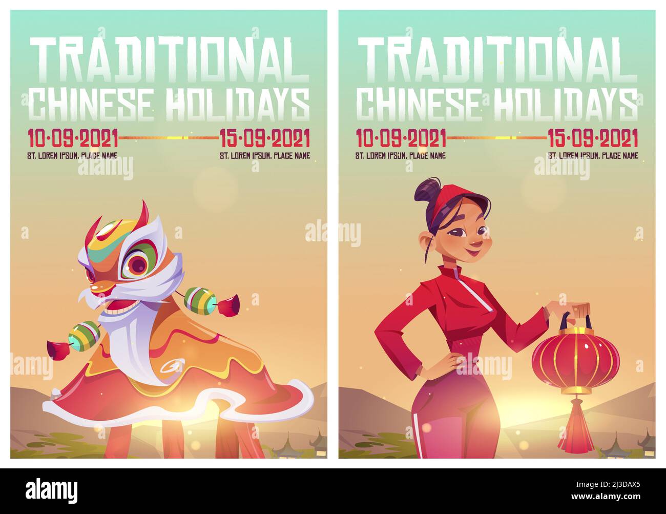 Traditional Chinese holidays posters with New Year Lion dancer and girl