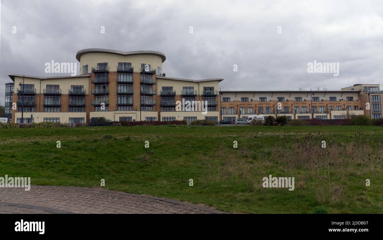 Row of stylish, modern apartments overlooking Cardiff Bay Wetlands