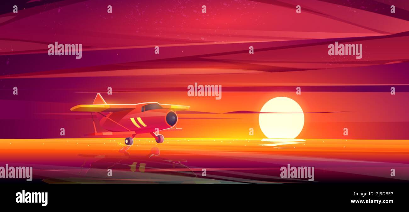 Small airplane at sunset ocean landscape, crop duster plane flying low over sea surface in red dusk sky. Private aircraft, civil aviation cropduster m Stock Vector