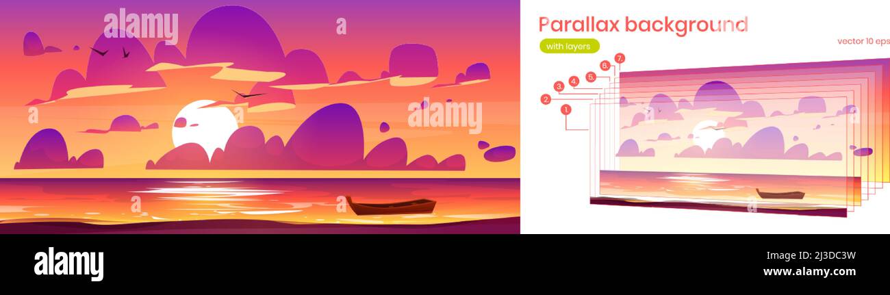 Sea landscape with sand beach and wooden boat at sunset. Vector parallax background for 2d animation with cartoon illustration of ocean with sand shor Stock Vector
