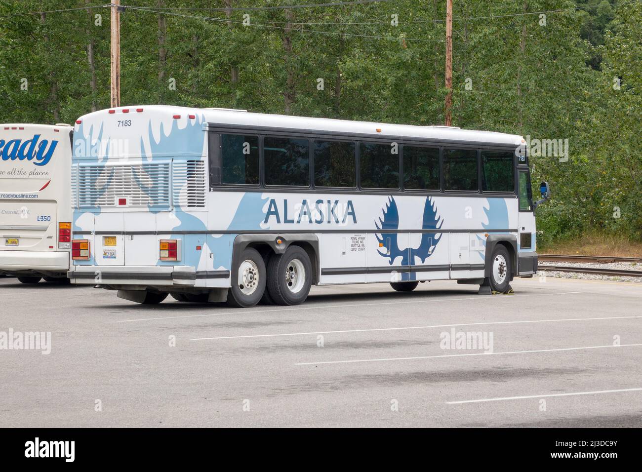 Alaska Tour Bus Parked In Juneau Alaska Operated By Royal Hyway Tours, Has Moose Antlers Branding Owned By Carnival Cruise Lines. Stock Photo