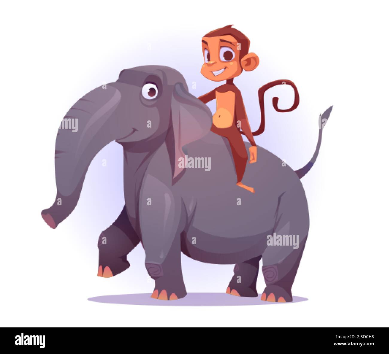 Monkey riding on elephant back, cute cartoon characters, funny ape mascot smiling, game or book personages portrait, mammal wild jungle creatures isol Stock Vector