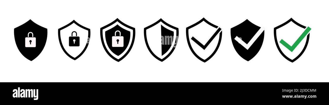 Shield check mark icon set. Protection approve sign. Safe icon vector Stock Vector