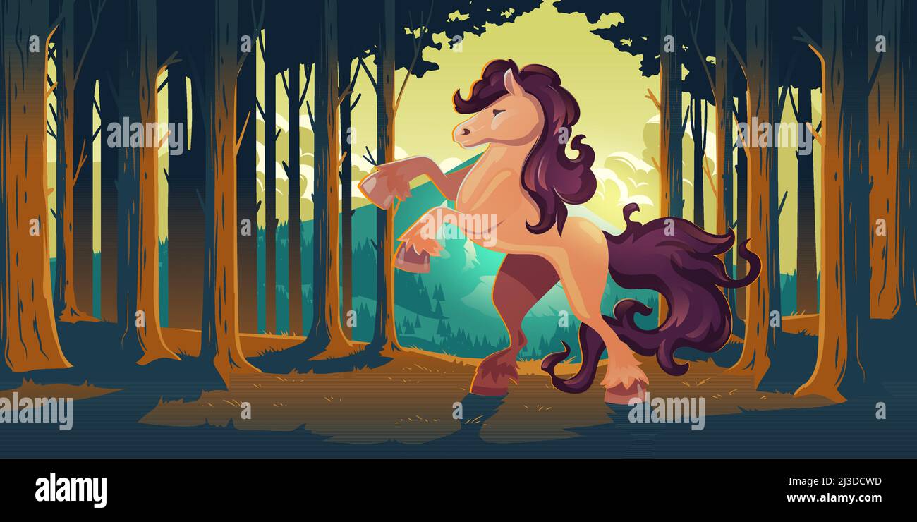 Wild horse rearing up in forest. Majestic stallion in nature. Vector cartoon illustration of woodland landscape with tree trunks, mountains on horizon Stock Vector
