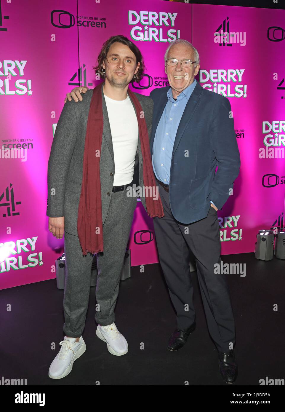 Peter Campion (left) and Ian McElhinney arriving at the premiere for the third series of Channel 4's Derry Girls at the Omniplex Cinema in Londonderry. Picture date: Thursday April 7, 2022. Stock Photo