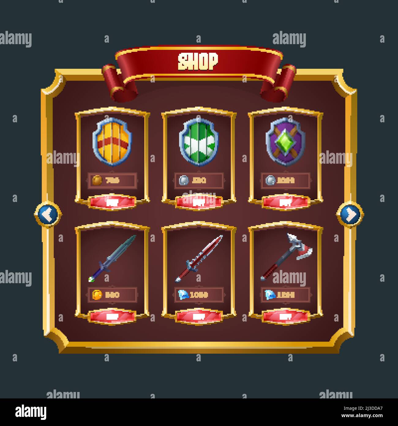 Game shop with medieval weapons and shields for viking, knight or ...