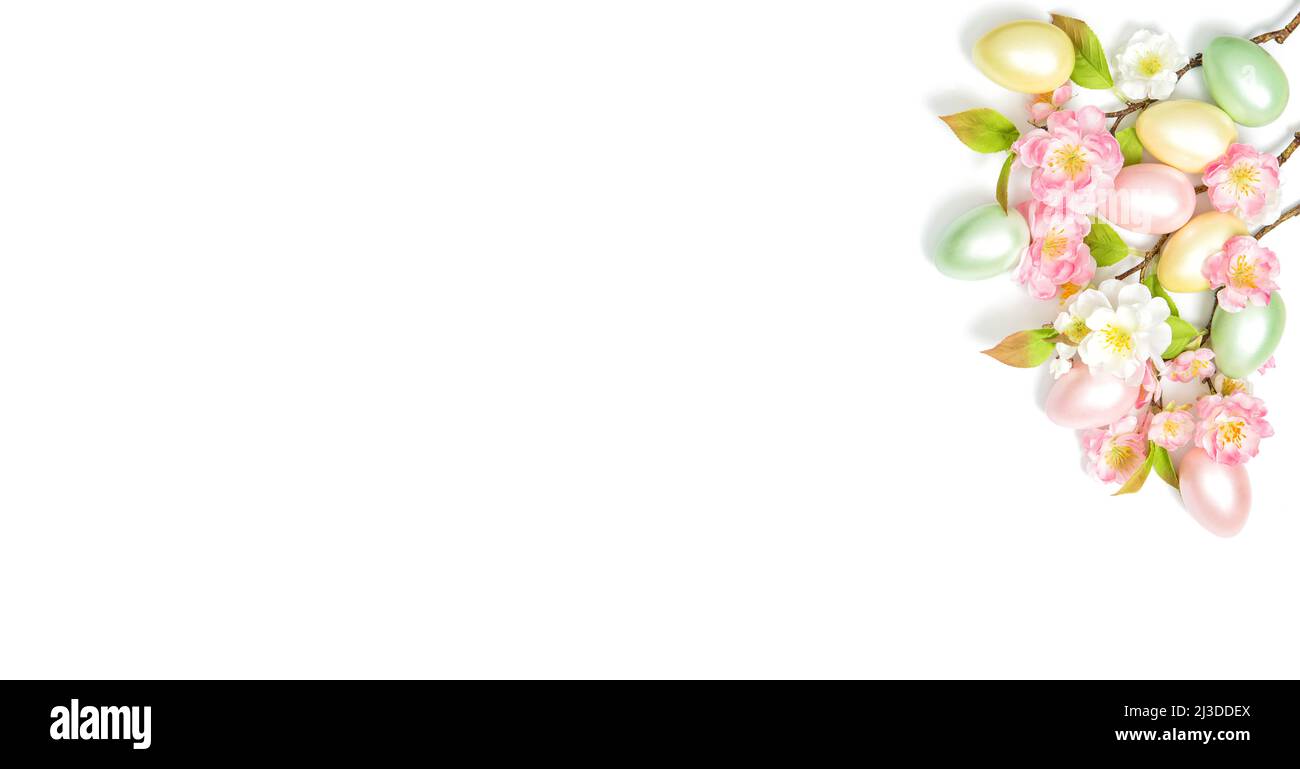 Easter eggs flowers decoration on white background. Easter banner Stock Photo
