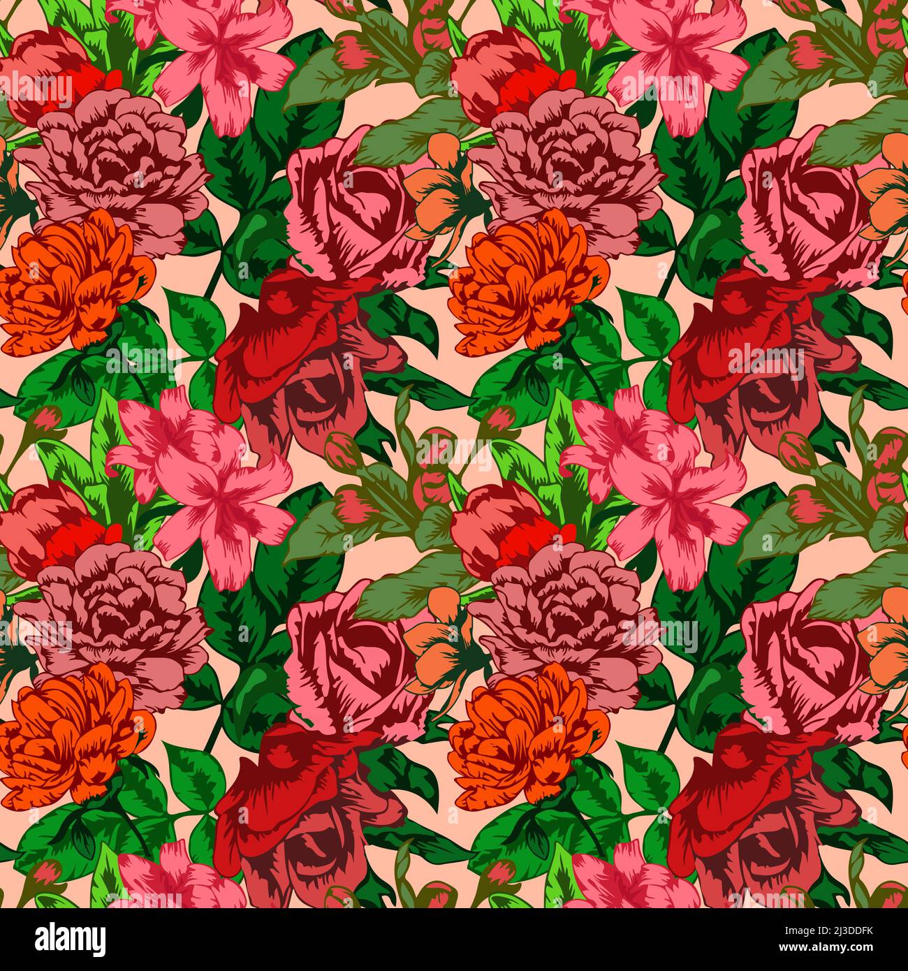 Seamless pattern with blooming roses, lily, peony, and other flowers at ...