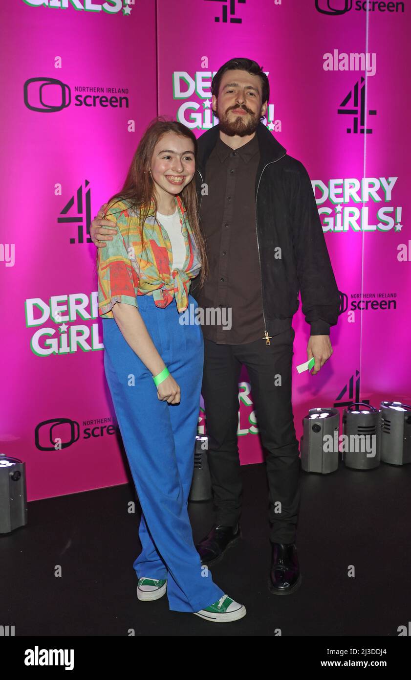 Anthony Boyle with his sister Ciara arriving at the premiere for the third series of Channel 4's Derry Girls at the Omniplex Cinema in Londonderry. Picture date: Thursday April 7, 2022. Stock Photo