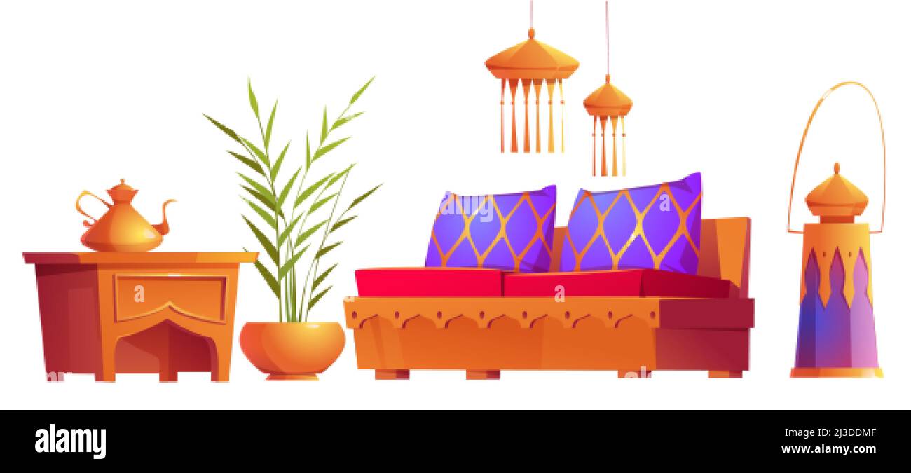 Set of interior furniture and stuff in arabic style, couch with pillows, lanterns and potted plant with teapot on table, oriental arab items, isolated Stock Vector