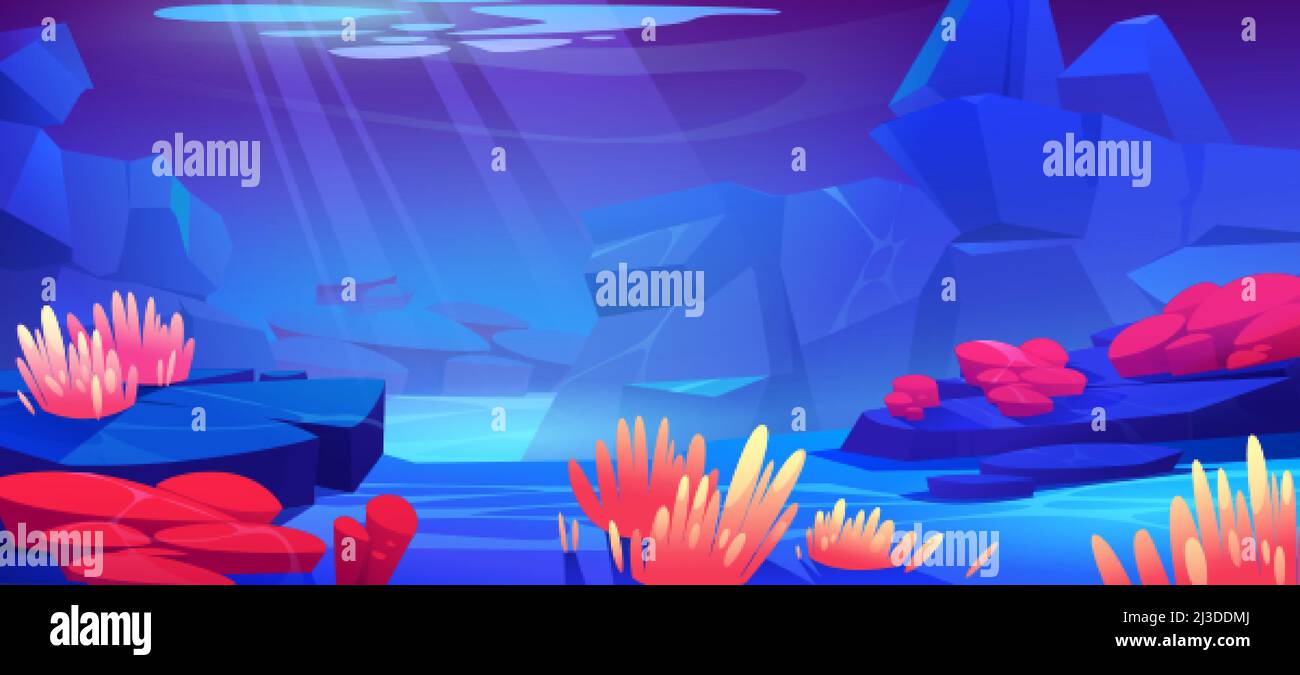 Underwater sea landscape with marine plants and animals. Vector cartoon ...