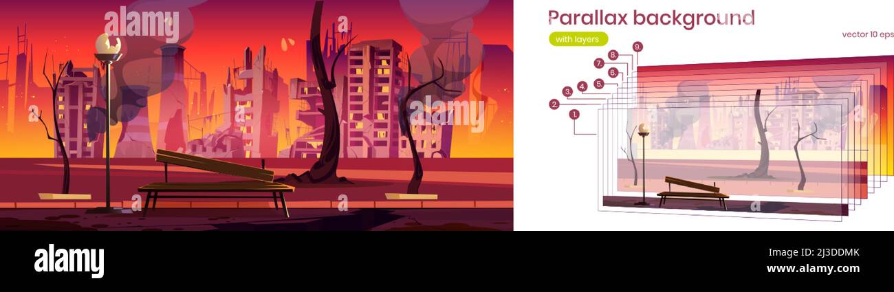 Parallax background city park in fire, war destroy, abandoned burning broken bench and skyscraper buildings 2d cityscape. Cartoon apocalyps game scene Stock Vector