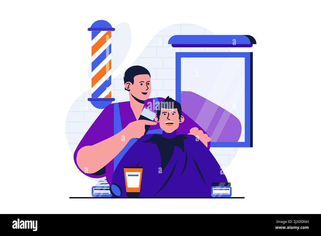 Barbershop modern flat concept for web banner design. Professional barber doing short haircut and styling to happy male client in studio with mirror. Stock Vector