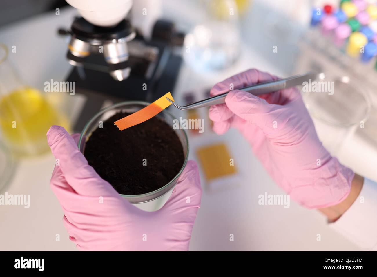 PH test strip and soil study in laboratory closeup Stock Photo