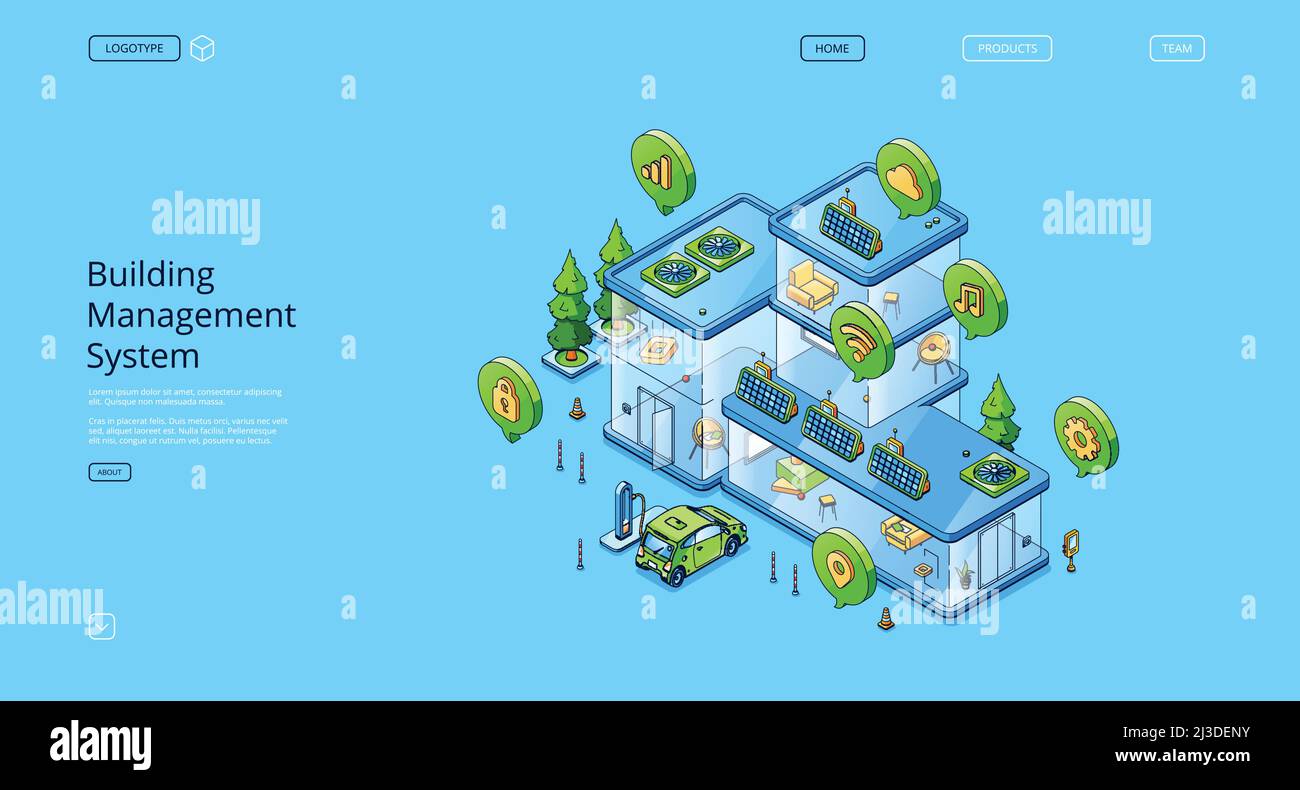 Business management system isometric landing page, computerbased