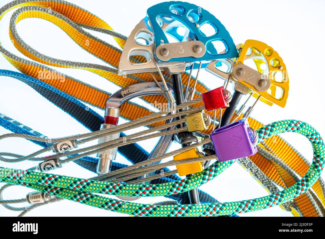 Rock climbing wire nut set, cams, carabiners rope and slings for