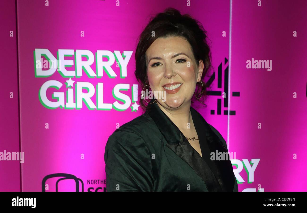 Writer Lisa McGee arriving at the premiere for the third series of Channel 4's Derry Girls at the Omniplex Cinema in Londonderry. Picture date: Thursday April 7, 2022. Stock Photo