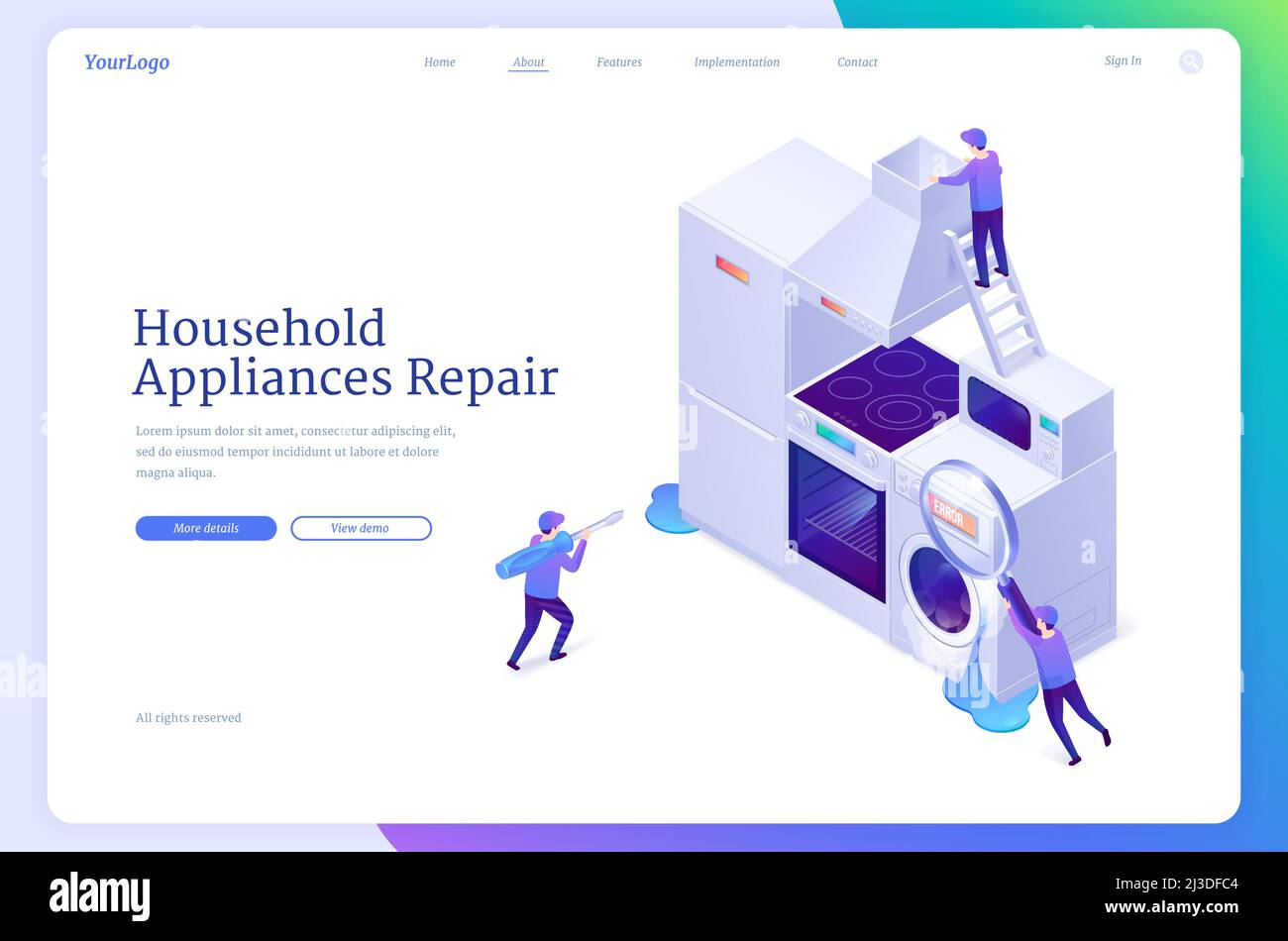 Household appliances repair isometric landing page. Tiny workers fixing broken home technics washing machine, refrigerator and electric stove. Call ma Stock Vector
