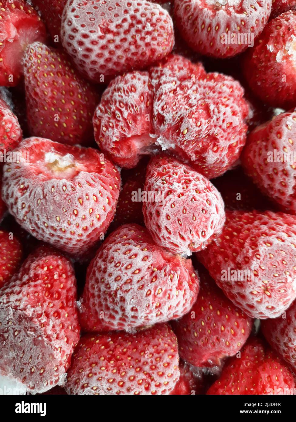 Frozen fruits in a container in the refrigerator, frozen berries