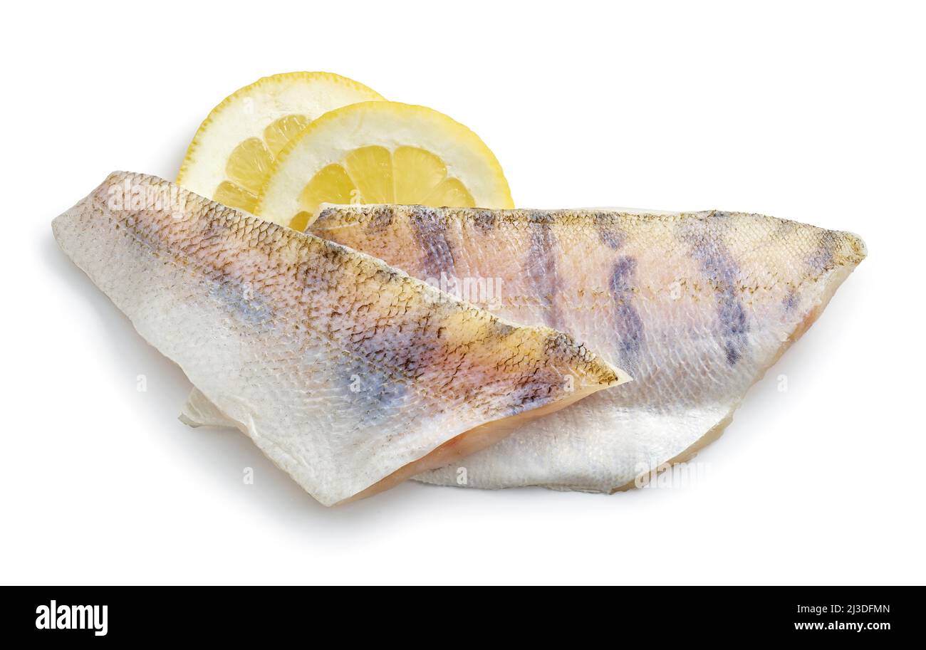 fresh raw zander fish filet with lemon isolated on white background, top view Stock Photo