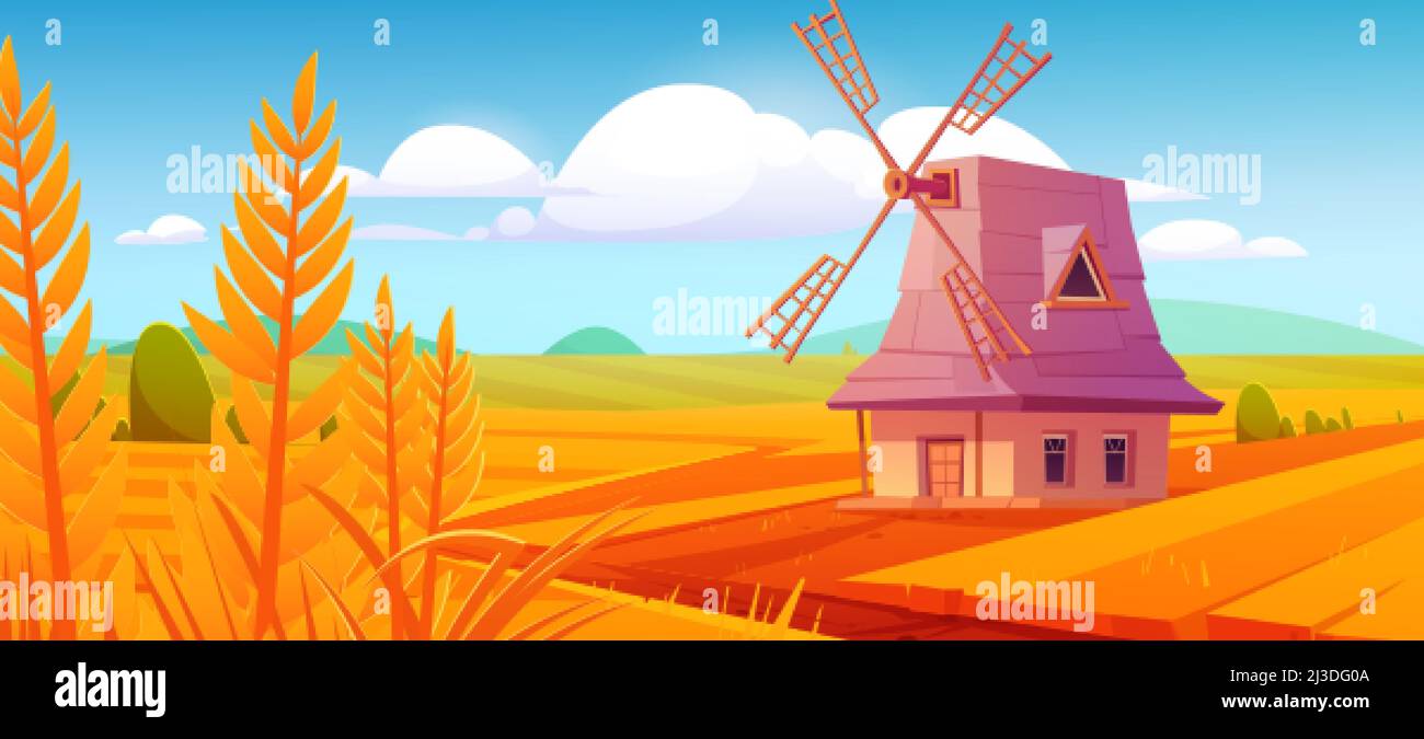 Windmill on farm nature rural background with plowed field and wheat. Vintage wind mill under blue cloudy sky. Countryside farmland tranquil summer ti Stock Vector